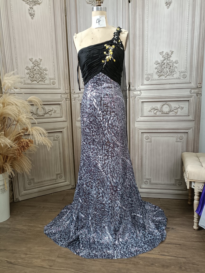 0521b    S码电脑珠片单肩拖地晚礼服表演服