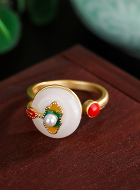 和田玉白玉翠竹南红玛瑙纯银戒指可调节指环中国风感气质闺蜜礼物