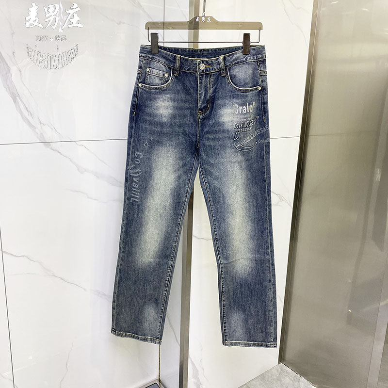 男士春夏微弹小直筒印花牛仔裤