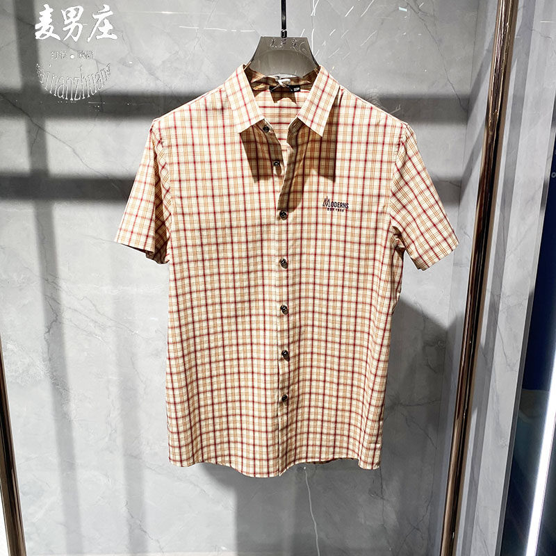 休闲格子拼色短袖衬衫街头微弹潮