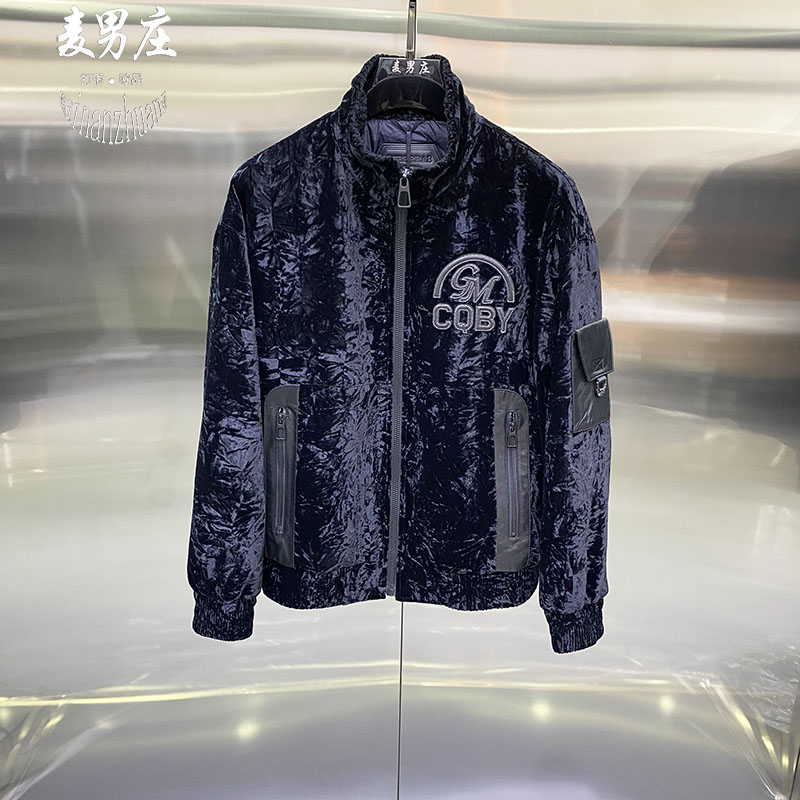 欧货潮牌男士25冬季新款翻领真皮拼接白鸭羽绒服外套个性时尚保暖