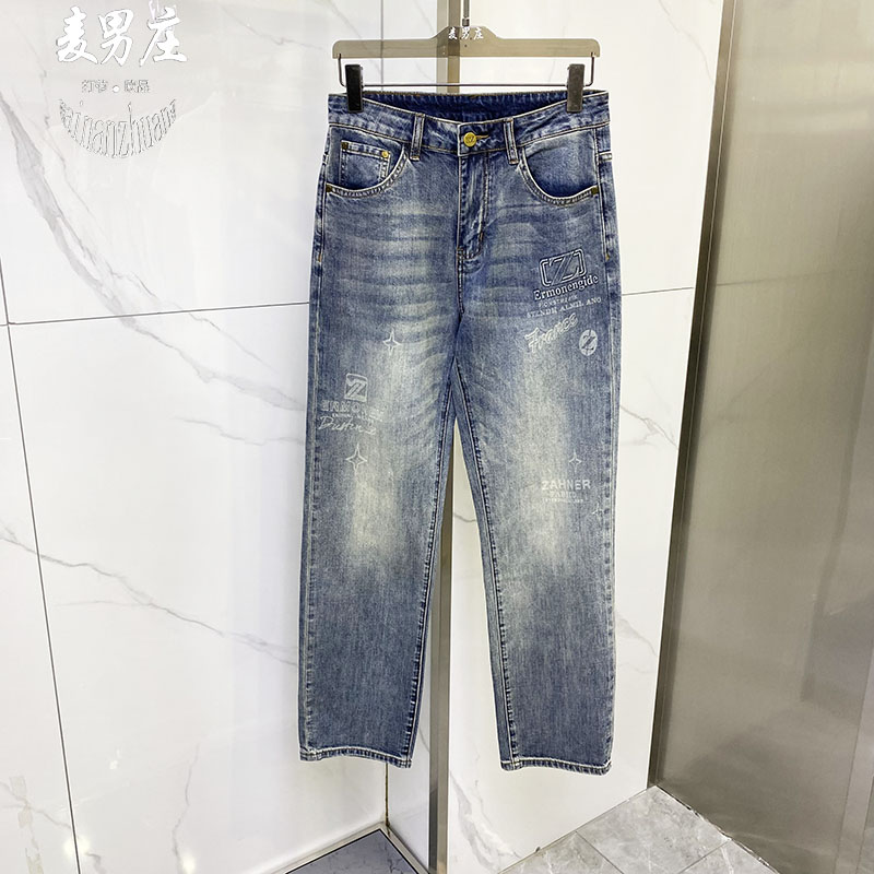 男士春夏微弹中低腰印花牛仔裤