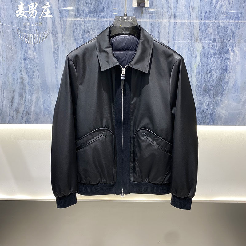 高端欧货男士冬季新款2026拉链翻领针织拼接鹅绒羽绒服夹克外套韩