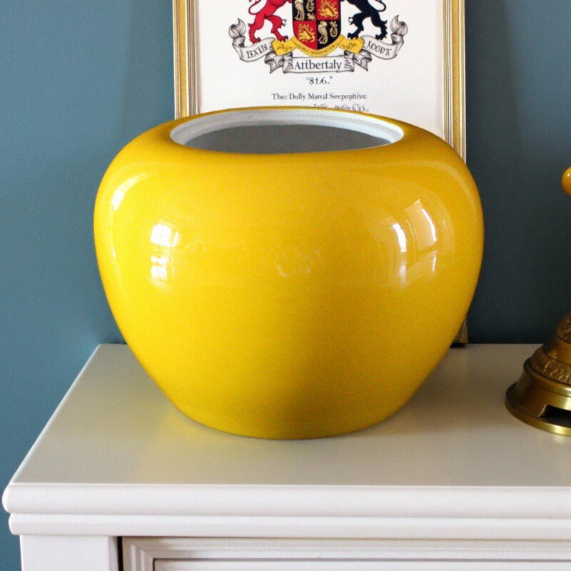 景德镇陶瓷花瓶摆件黄色聚宝盆招财桌面收纳罐子无盖圆形花盆瓷瓶