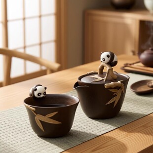 黄秋阳手作陶艺熊猫泡茶器日式宝瓶茶壶陶瓷主人茶杯一壶一杯套装