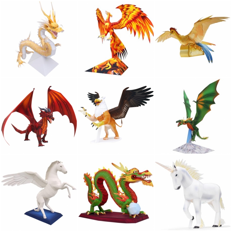 diy益智玩具仿真动物龙凤凰独角兽神兽手工拼装3d折纸立体模型