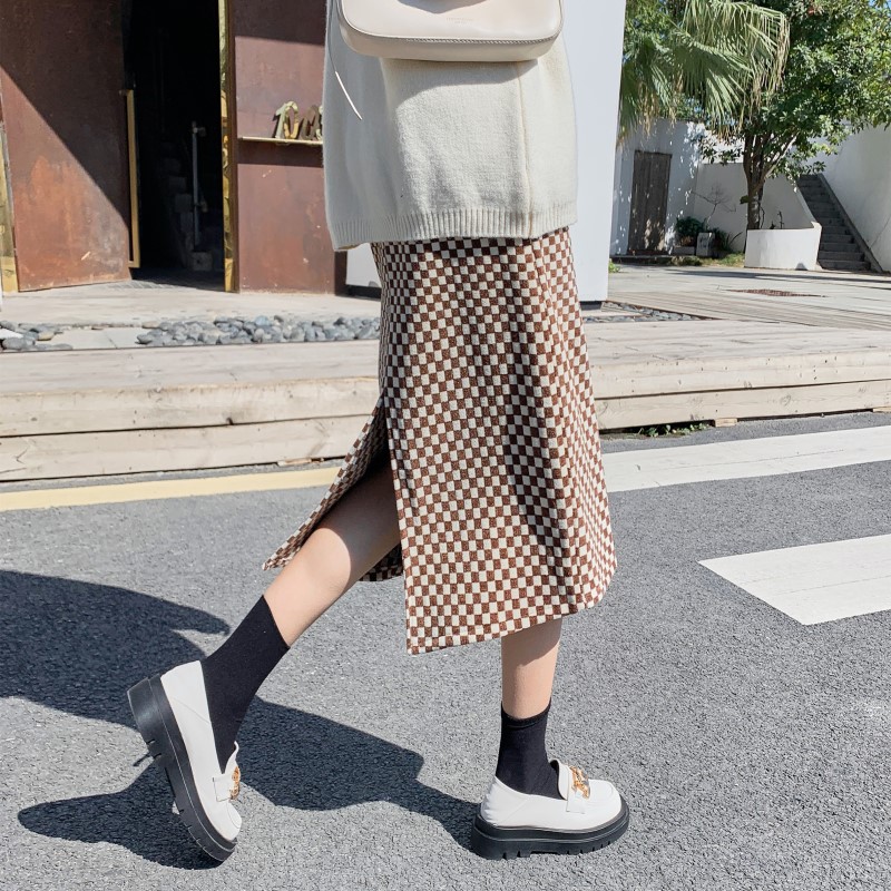 格纹半身裙女秋冬开叉中长款复古气质格子过膝包臀裙打底A字裙子