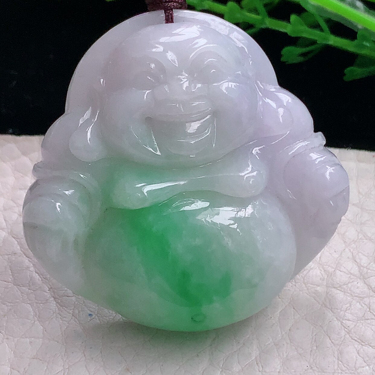zen自然光44*46*12.3缅甸翡翠a货饱满淡春带彩大佛公弥勒佛吊坠