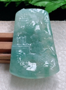 ktj实拍62*36.3*5.5缅甸翡翠a货精雕冰蓝山水 大好河山玉吊坠