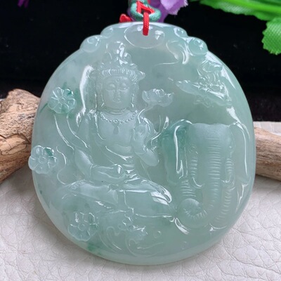 bg实拍51*46.3*5.4缅甸翡翠A货精雕飘花普贤菩萨观音玉吊坠守护神