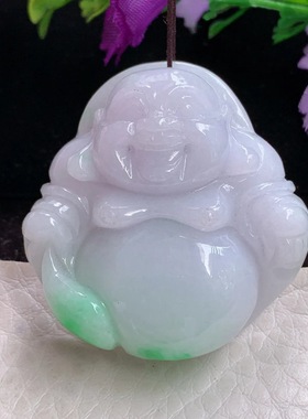 zen实拍38*37.3*12.3缅甸翡翠精雕春带彩佛公弥勒佛玉吊坠 玉挂件