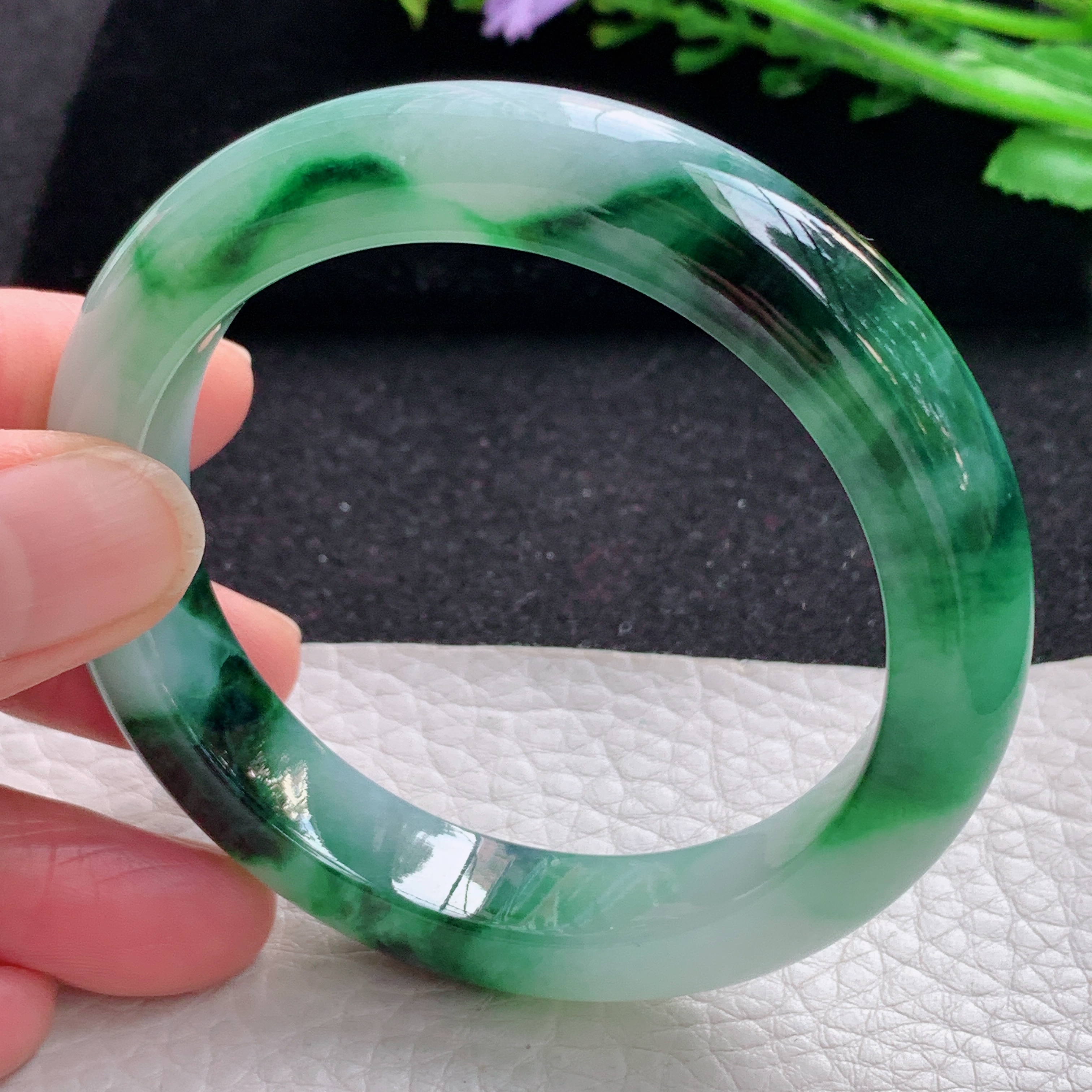 xo自然光54.5*12*8.8平安镯缅甸翡翠a货玉手镯飘花浓郁宽边玉手环