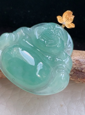 axm实拍28*29.8*5.8缅甸翡翠冰蓝绿佛公吊坠 满色大肚佛玉坠18k金