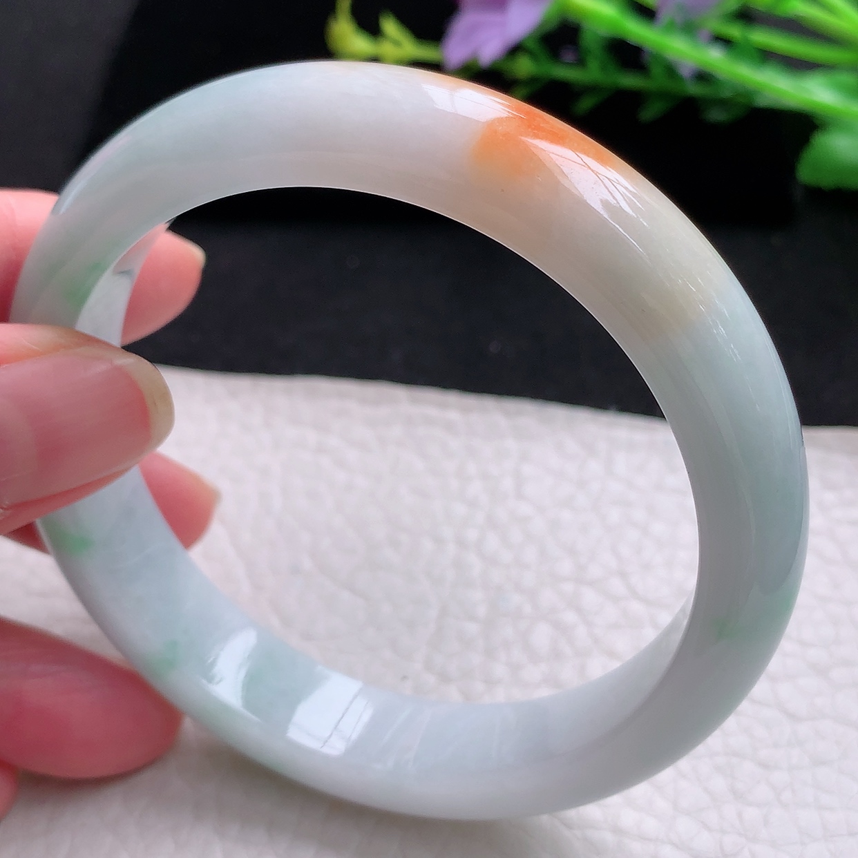 ll大圈口60*12.6*8.2平安镯 天然缅甸翡翠三彩正圈玉手镯 玉手环