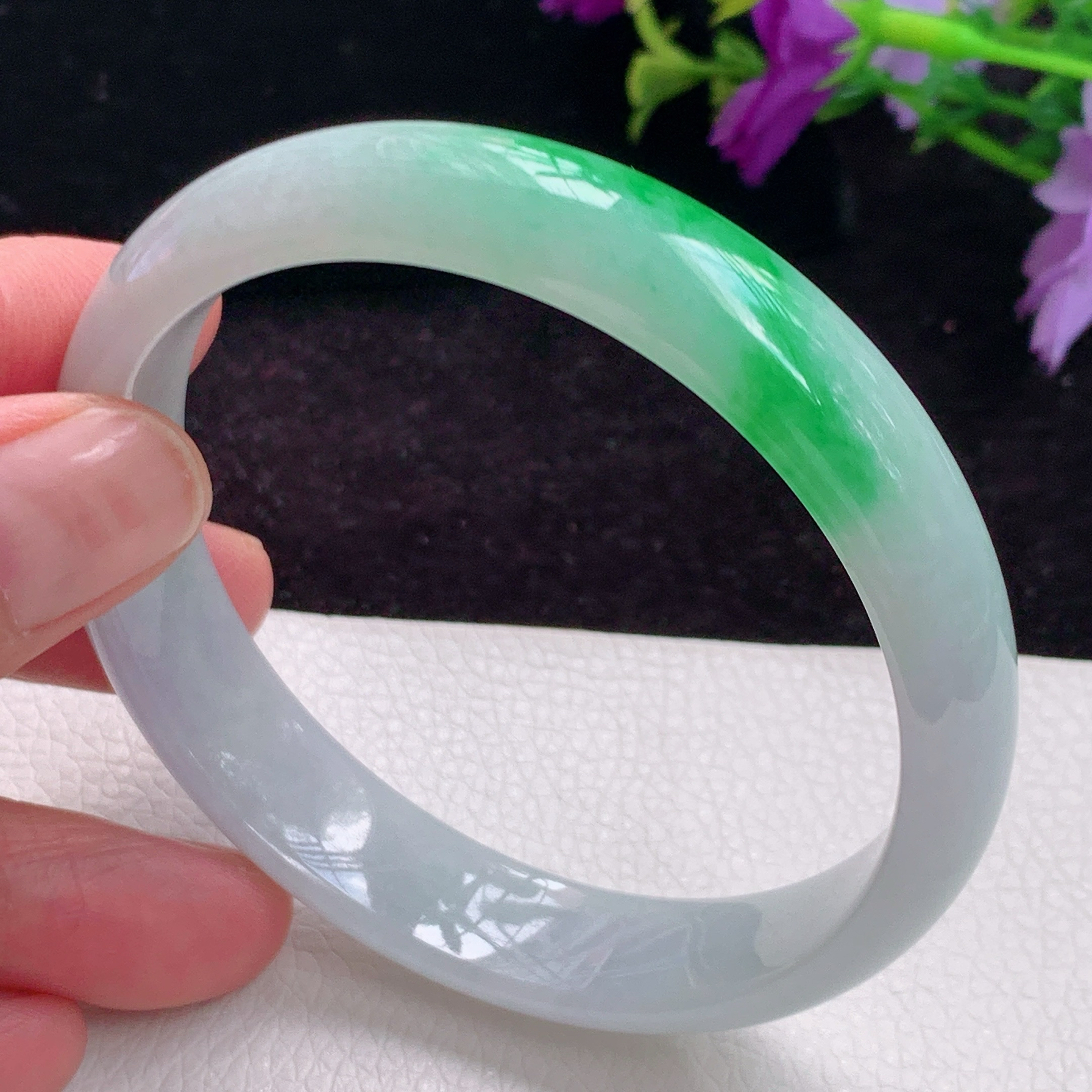 js实拍58*12.6*6平安镯 老坑翡翠手镯飘阳绿正圈宽边平安镯玉镯子