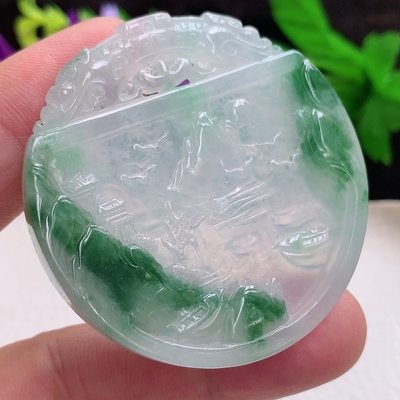 zzx实拍52.7*6.2缅甸翡翠精雕冰飘花山水牌大好河山圆牌玉吊坠