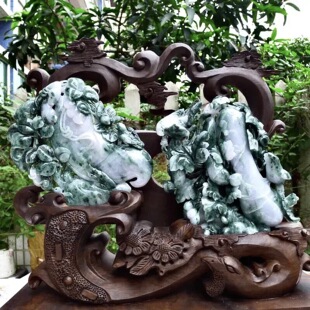 天然翡翠摆件冰飘蓝花精工连中三元 招财送礼飞黄腾达(福豆 福瓜)