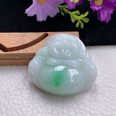 zen实拍43*44.8*11.8缅甸翡翠飘绿佛公吊坠大肚弥勒佛项坠白底青