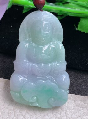 Zen实拍50*32*6缅甸翡翠精雕春带彩正庄观音 玉观音玉吊坠