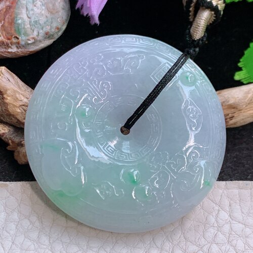 zen实拍47*10.8缅甸翡翠怀古雕春带彩吉祥如意平安扣吊坠 毛衣坠