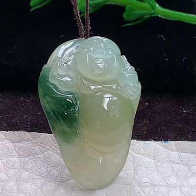 lz实拍29.2*19.6*8.5缅甸翡翠A货精雕冰黄双彩站佛 弥勒佛玉吊坠