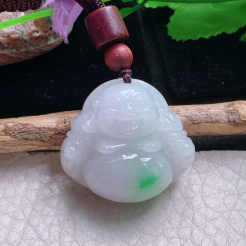 zen实拍27*30.5*12.8缅甸翡翠a货精雕白底青饱满佛公 开心佛挂件