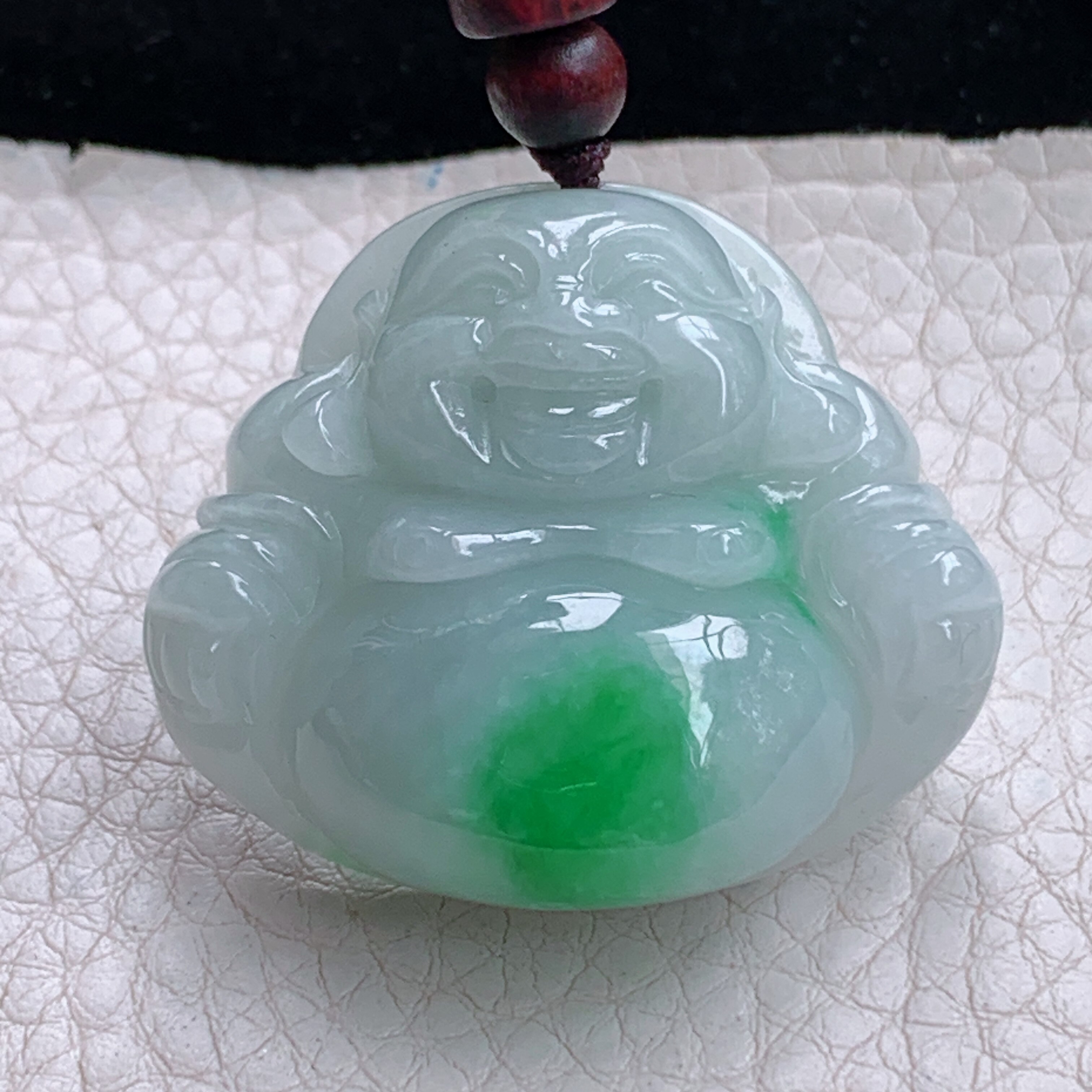 zen实拍34*39*12.8缅甸翡翠飘阳绿佛公吊坠大肚弥勒佛项坠白底青