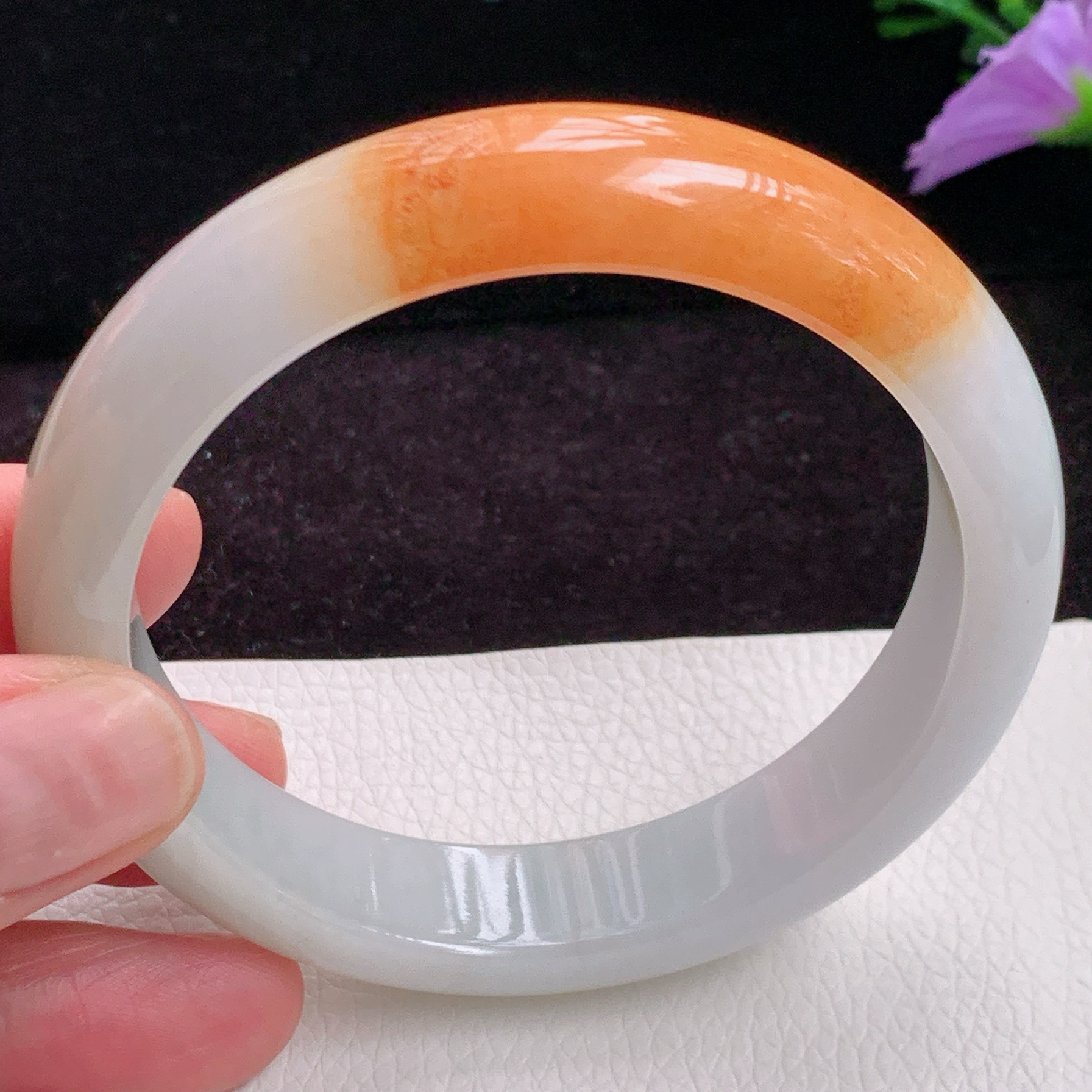 hf实拍58.5/13/8.2双彩红翡缅甸翡翠手镯 烧红平安镯正圈玉镯子