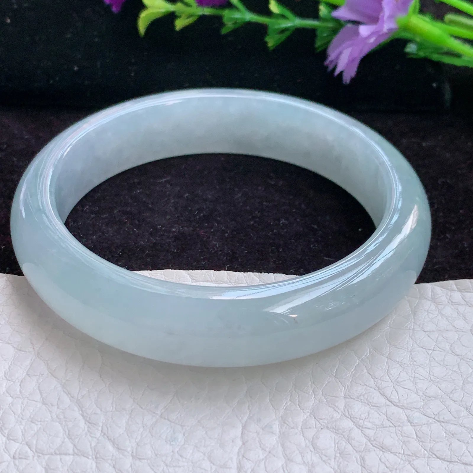 js实拍58*13.6*8.2平安镯 老坑翡翠手镯冰透白月光宽边缅甸玉镯