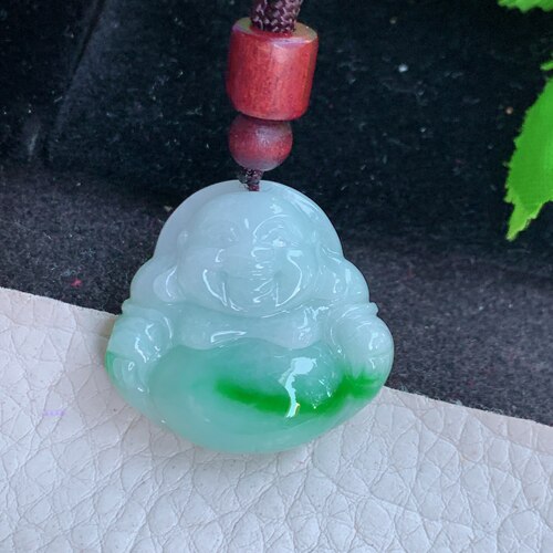 zen实拍27*28.5*6.8精雕缅甸翡翠白底青佛公 弥勒佛玉吊坠 毛衣坠