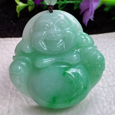 zen实拍48.6*48.3*12.5天然翡翠飘绿大佛公 大肚佛玉吊坠 毛衣坠