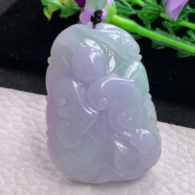 zen自然光47*34.3*11.3天然缅甸翡翠春带彩年年有鱼玉吊坠 荷叶鱼
