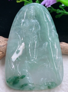 Ws实拍68.2*44.5*5.8缅甸翡翠冰飘花站观音菩萨吊坠自在观音项坠
