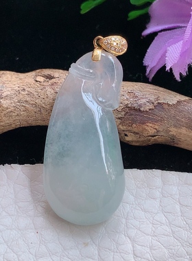 axm实拍31*14.6*6缅甸翡翠白冰招财钱袋吊坠 18k金福袋锁骨坠