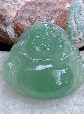 zzx实拍缅翡翠精雕晴水满绿弥勒佛 开心佛公玉坠 26.5*29.3*5.6mm