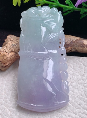 zen实拍63.2*30*9.6缅甸翡翠精雕春带带彩大竹节 节节高升玉吊坠