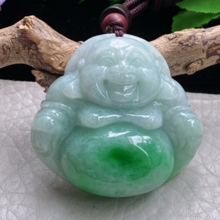 14.5天然缅甸翡翠阳绿佛公 大肚开心佛玉吊坠 43.8 zen自然光41.5