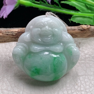 zen实拍43*44*11.8缅甸翡翠飘绿大佛公吊坠白底青弥勒佛像毛衣坠