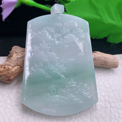 Lz实拍60*44.8*4.6天然缅甸翡翠山水牌玉坠 飘花精雕指日高升项坠