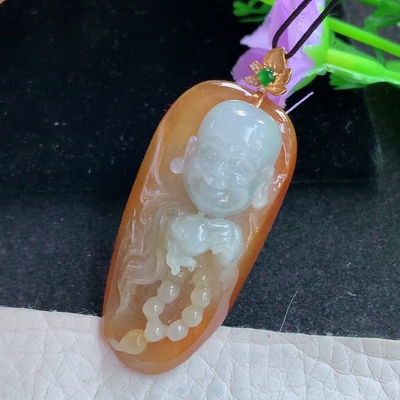 yl实拍42.3*20.5*14缅甸翡翠弥勒佛玉坠 红翡福在眼前项坠镶18k金