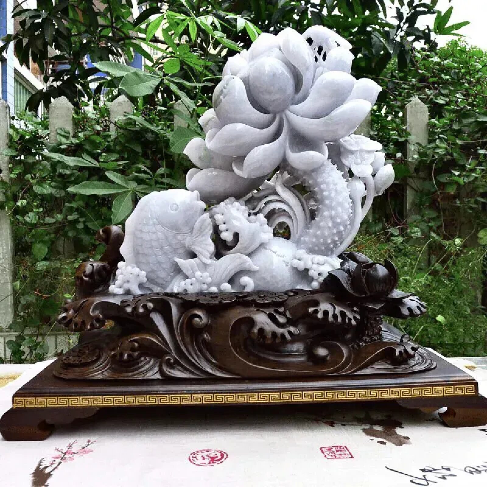 缅甸翡翠大摆件紫底精雕莲年有鱼摆件荷花鱼客厅摆饰一品清莲8.07