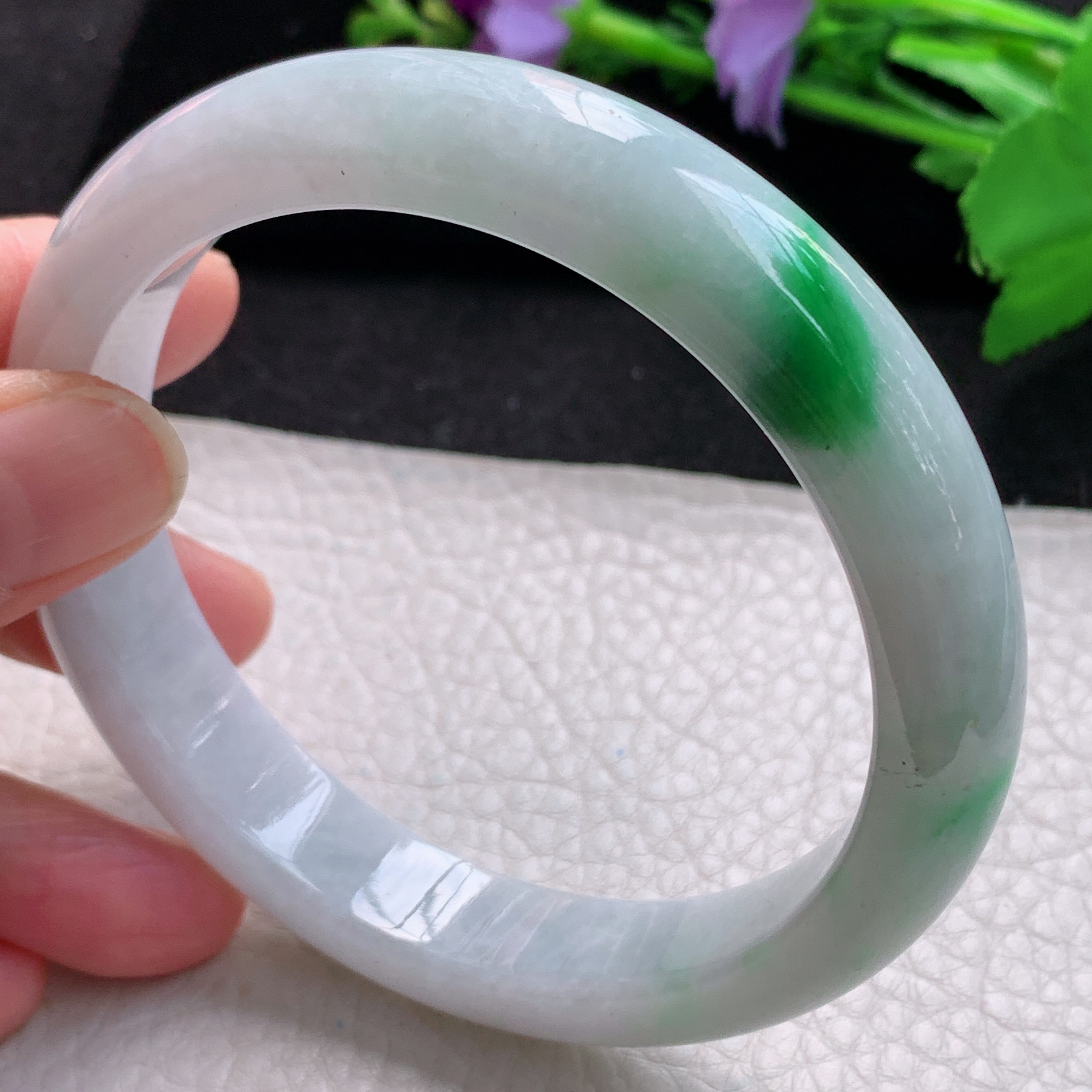 yh大圈口64.5*13*8.8平安镯 缅甸翡翠玉手镯飘绿大气宽边玉手环