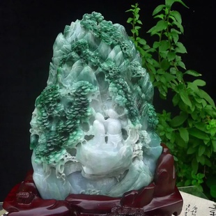 自然光实拍缅甸翡翠飘花精雕立体仁者乐山，崇山峻岭山水大摆件