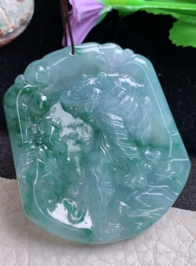 ktj实拍48.8*43*5缅甸翡翠a货精雕冰飘花上山虎 生肖虎玉吊坠