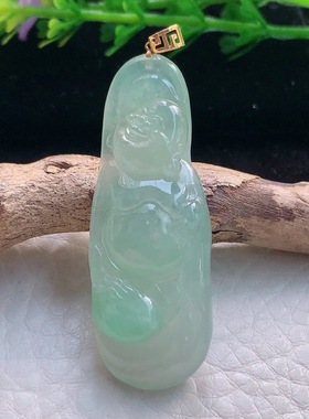 axm实拍43.8*16*7.3缅甸翡翠甜绿开心佛 站佛玉坠18k金扣