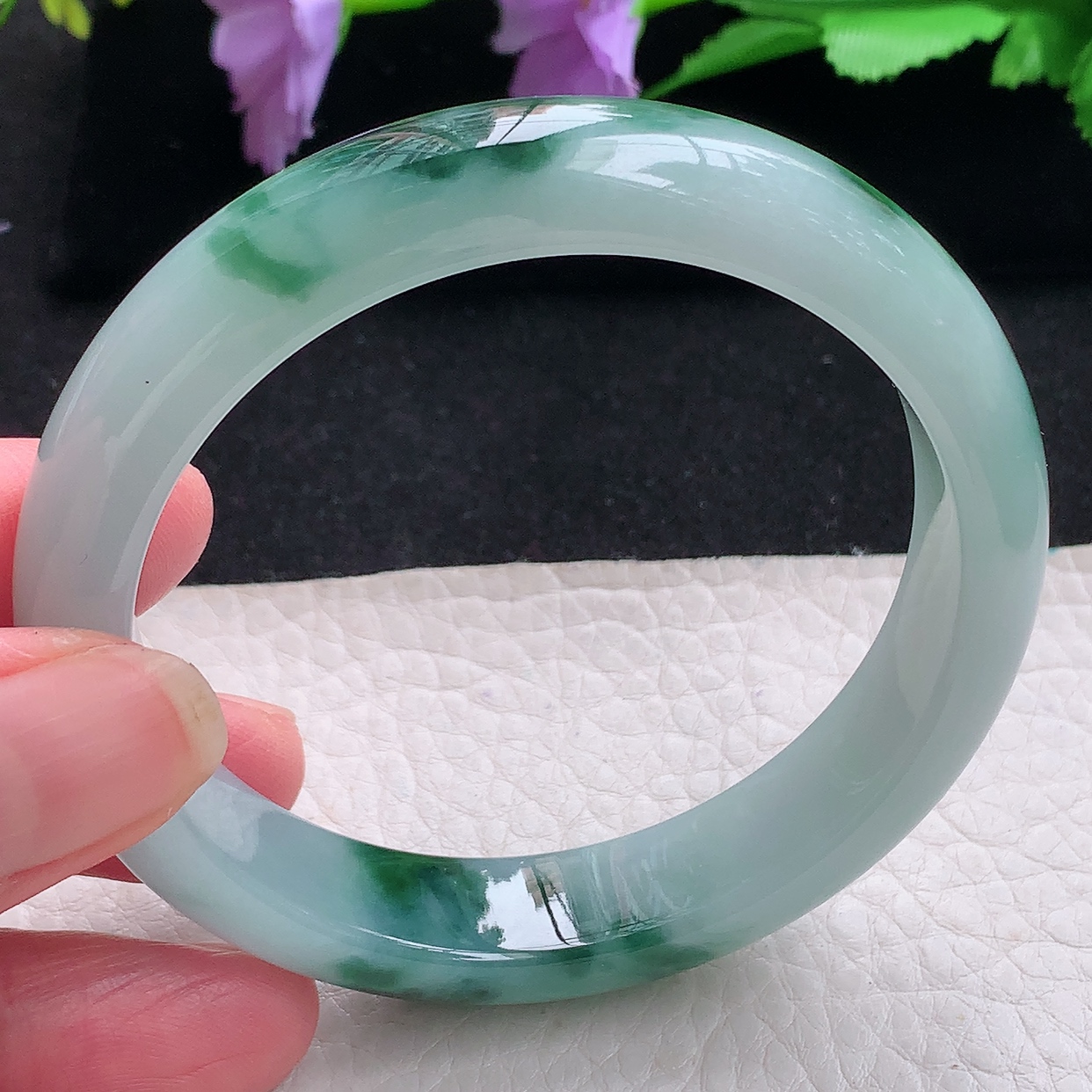 js自然耀57*12.5*7.6平安镯 天然缅甸翡翠冰飘花宽边玉手镯玉手环