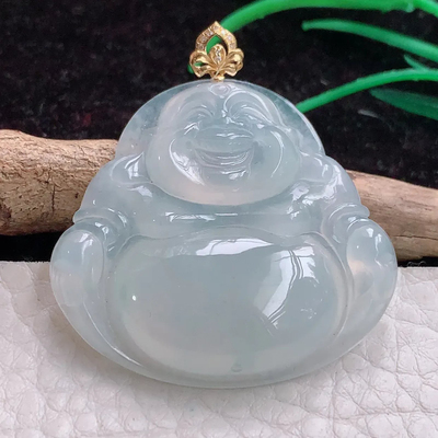 zz自然光缅甸翡翠A货白冰大佛公 弥勒佛像玉吊坠 玉坠35.6*38.6*7