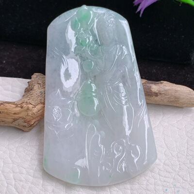 sd实拍73.3*43*4老坑精雕缅甸翡翠飘绿自在观音玉观音玉吊坠 挂件