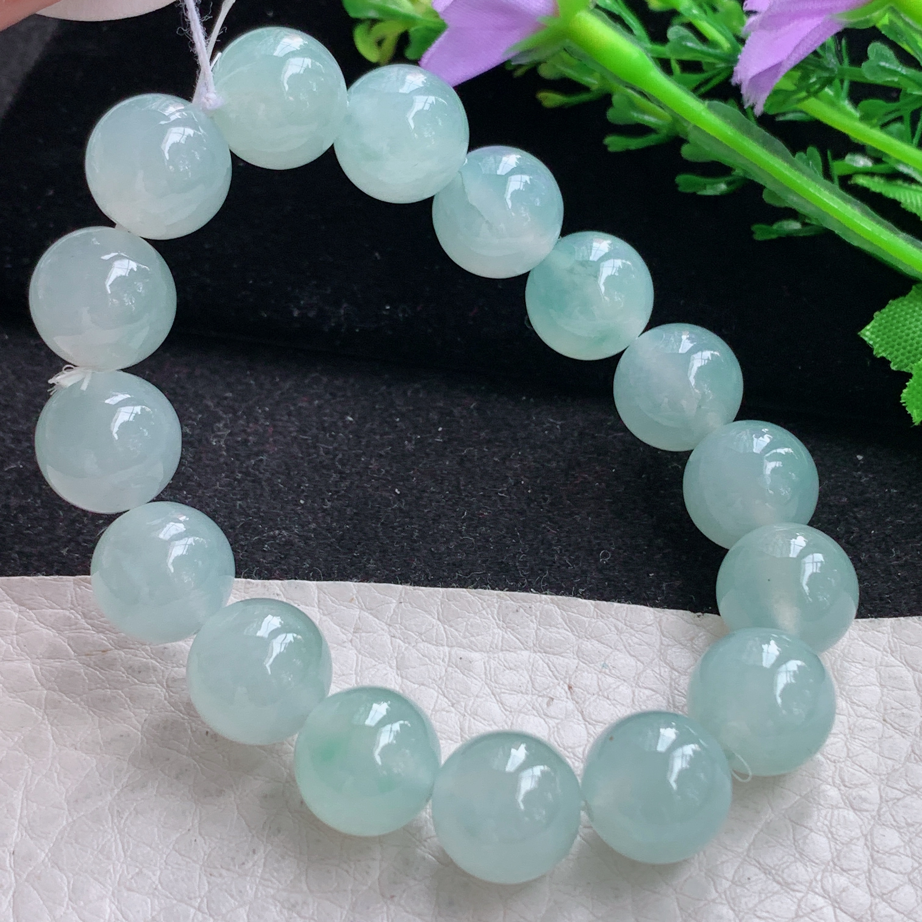 ss自然光12.6mm天然缅甸翡翠冰透晴水圆珠玉手链  玉手串 16颗
