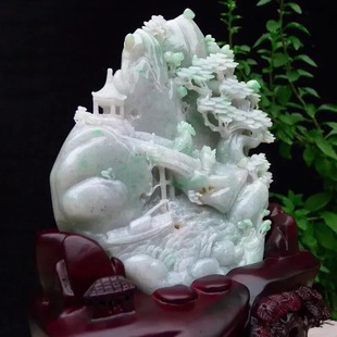 缅甸翡翠老坑水润飘绿精雕山水大摆件仁者乐山玉石山子橱窗装饰